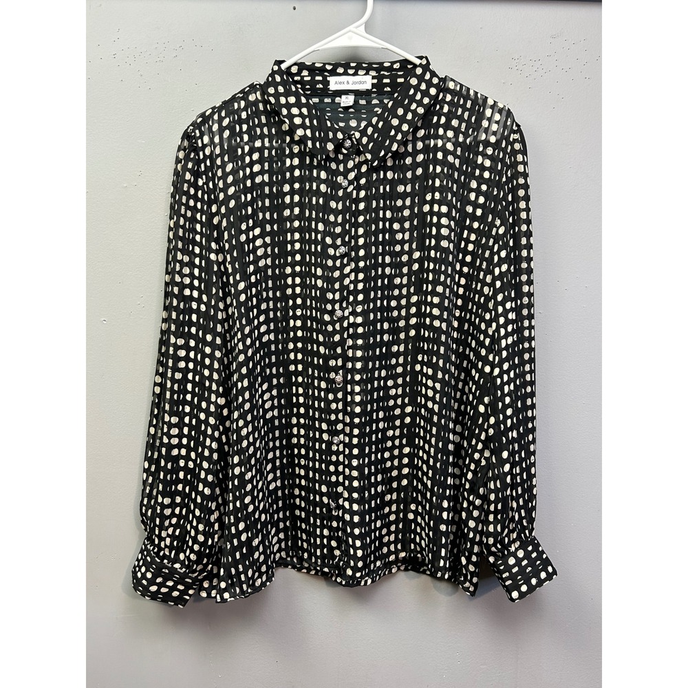 Alex & Jordan Blouse Womens XL Black White‎ Polka Dot Sheer Crystal Button Top